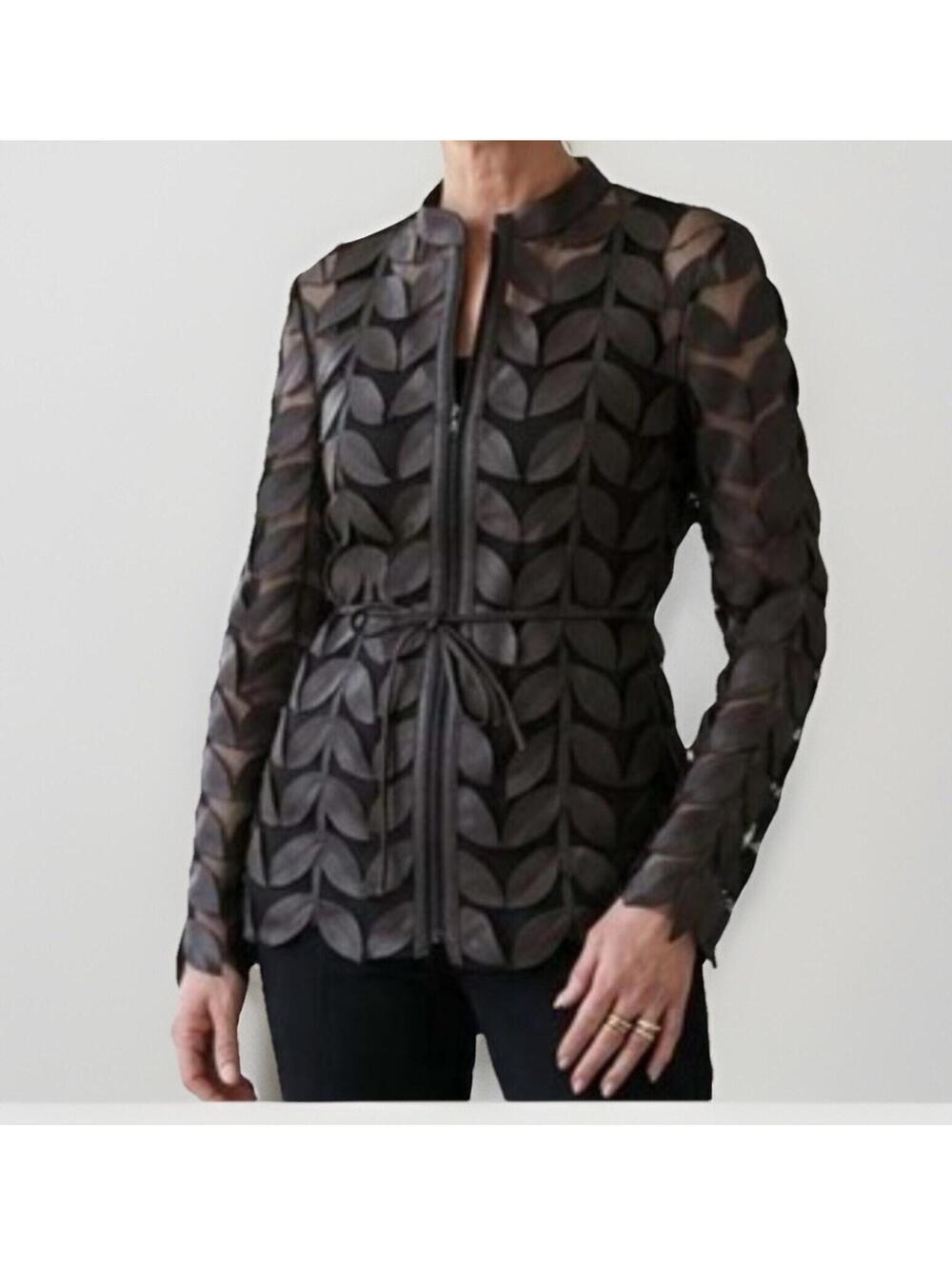 Frank Lyman Leaf Mesh Blazer Jacket Faux Leather Top Blouse Sz 4 Or S